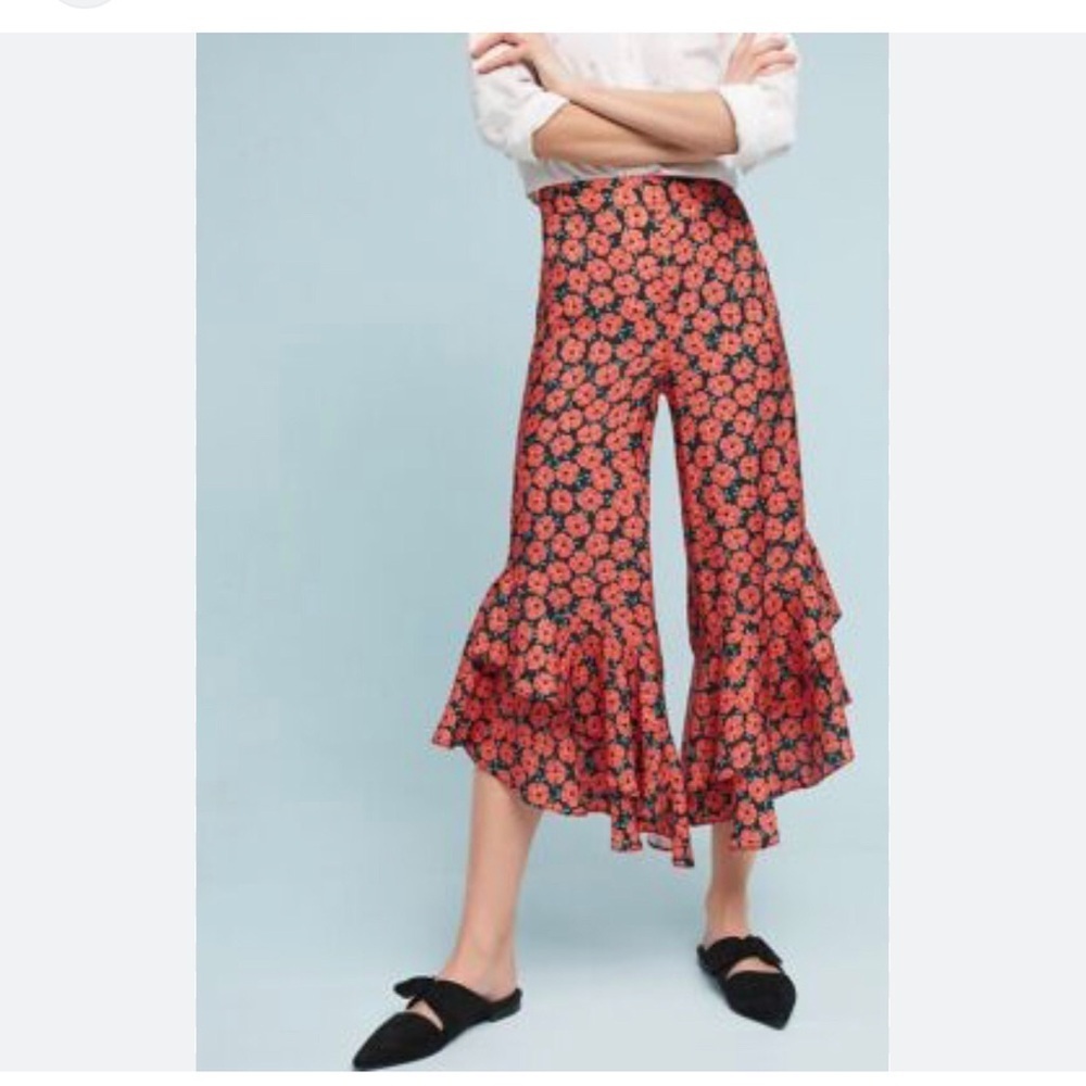 Anthropologie Coral Floral Ruffle Hem Wide Crop Pants
